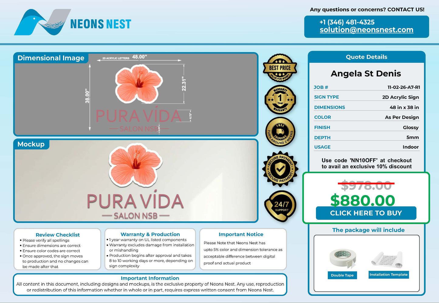 Pura Vida Salon NSB 2D Acrylic Sign - Neonsnest.com