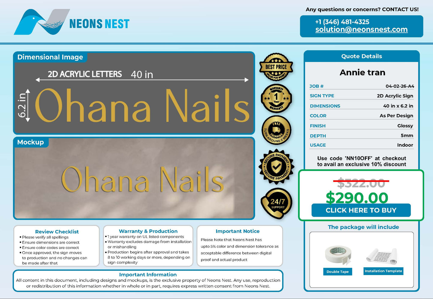 Ohana nails 2D Acrylic Sign