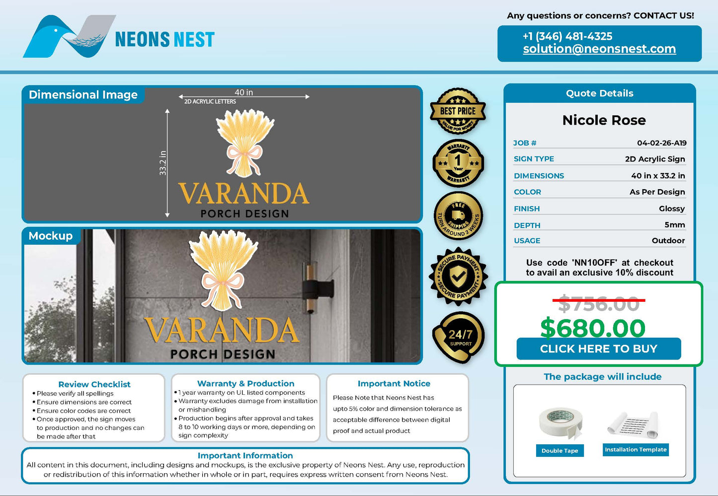 VARANDA Porch Design 2D Acrylic Sign