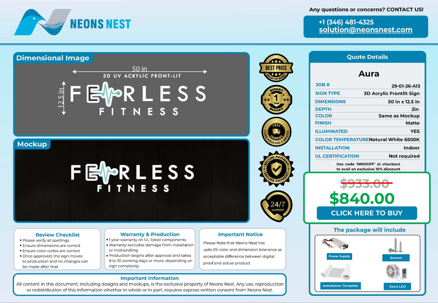 Fearless fitness 3D Acrylic Front-lit Sign