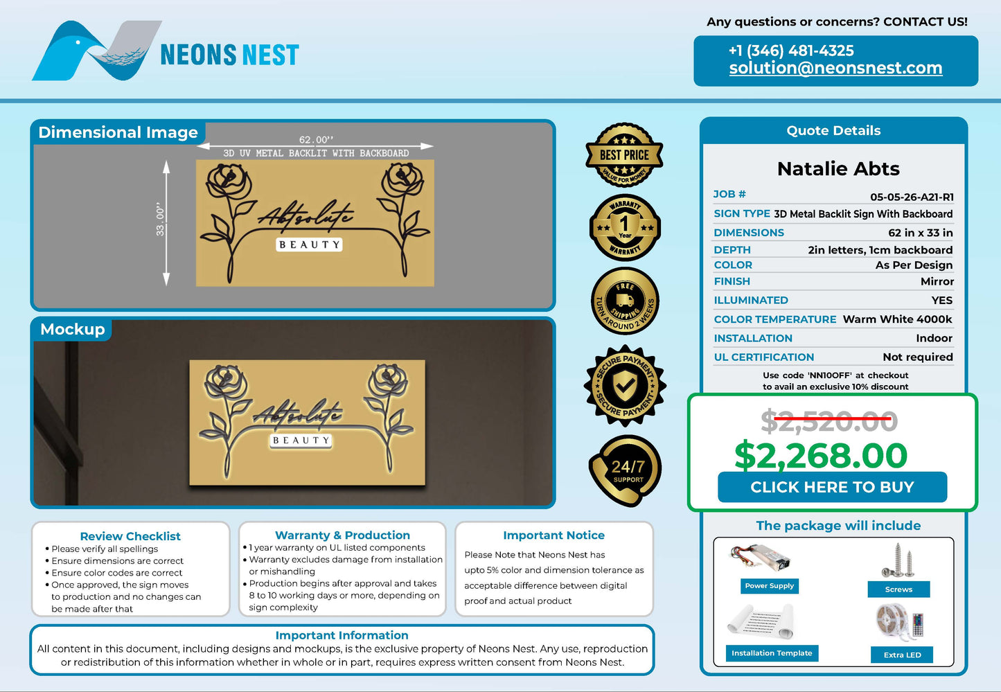 Abtsolute Beauty 3D Metal Backlit with Gold backboard - Neonsnest.com