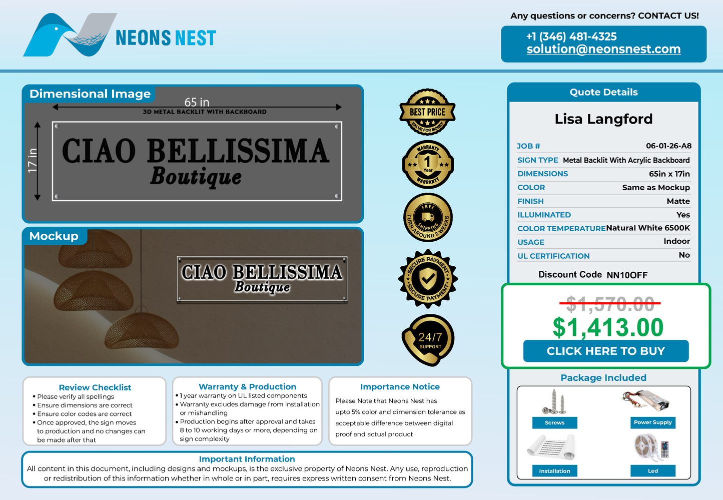 Ciao Bellissima Boutique 3D Metal Back-Lit - Neonsnest.com