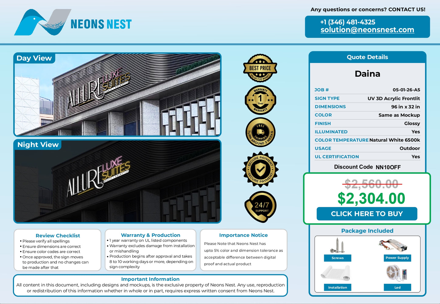 Allure Luxe Suites 3D Front Lit Sign - Neonsnest.com