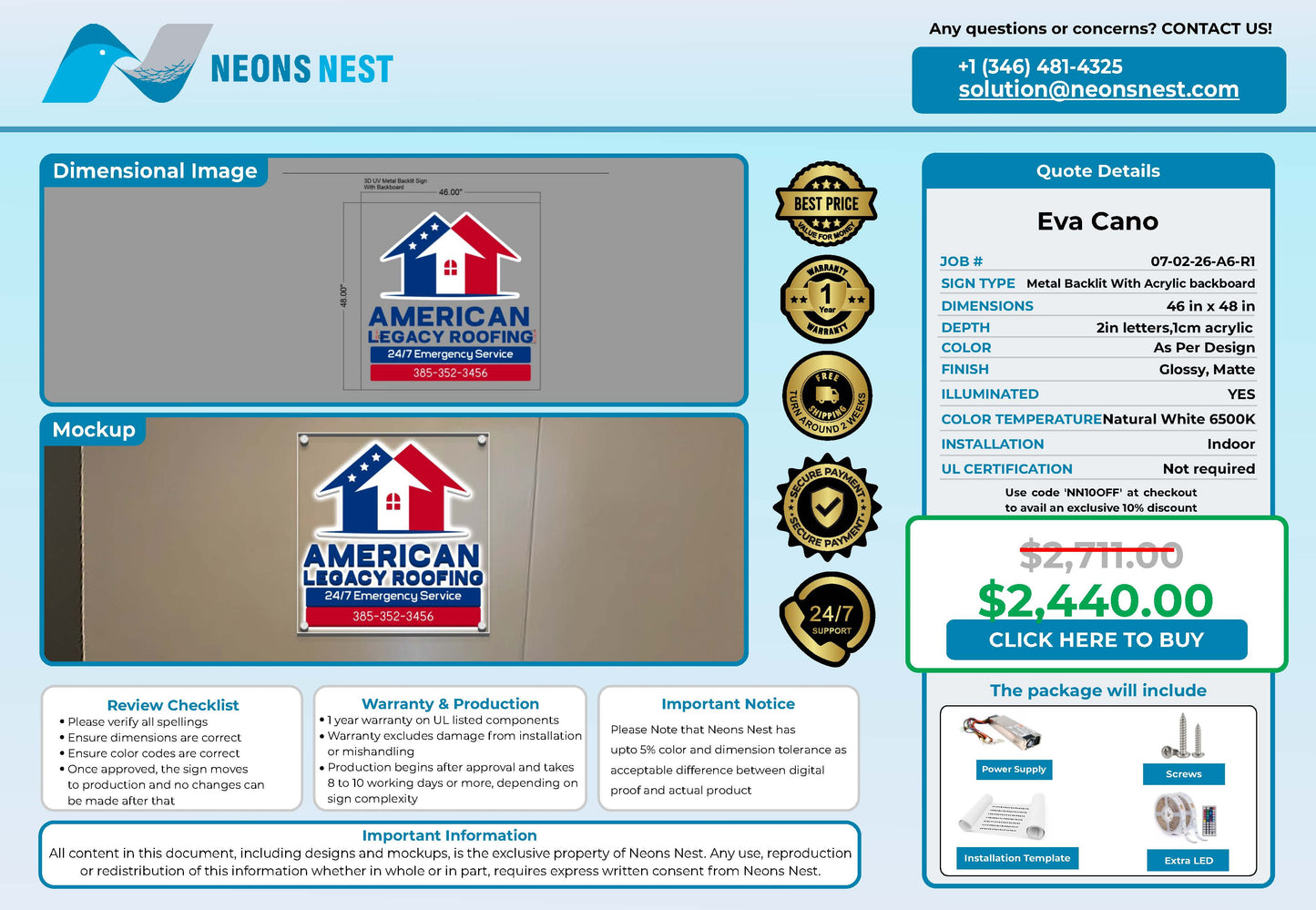 American Legacy Roofing 3D Metal Backlit with Acrylic Backboard