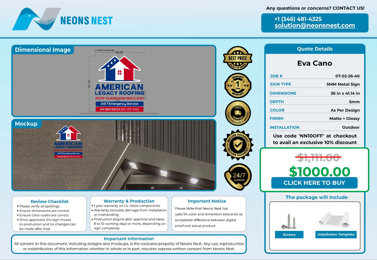 American Legacy Roofing 5MM Floating Metal Sign - Neonsnest.com
