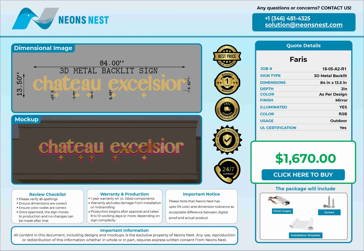 Chateau Excelsior 3D Metal Backlit RGB - Neonsnest.com