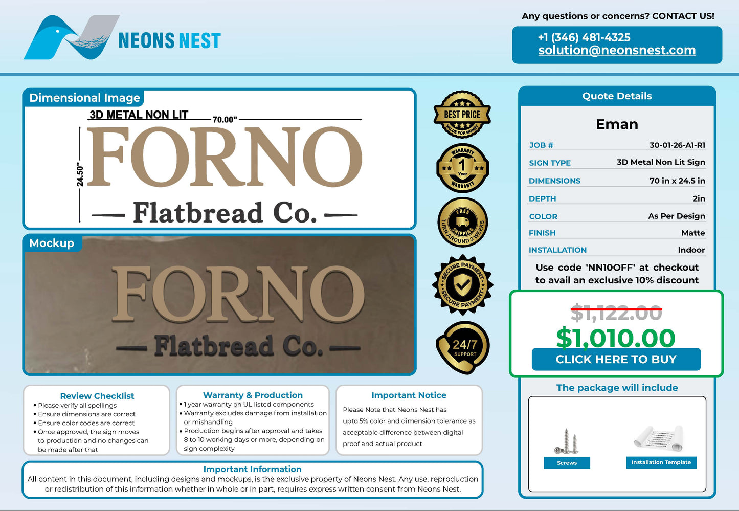 Forno Flatbread Co 3D Metal Non-lit Sign
