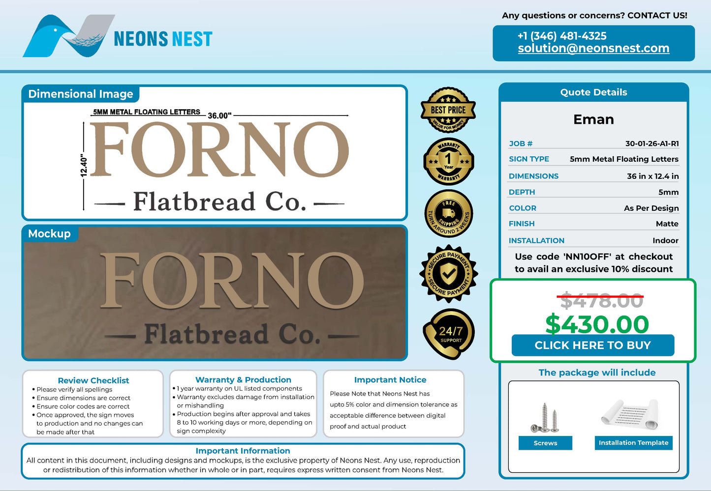 Forno Flatbread Co Floating Letter Sign