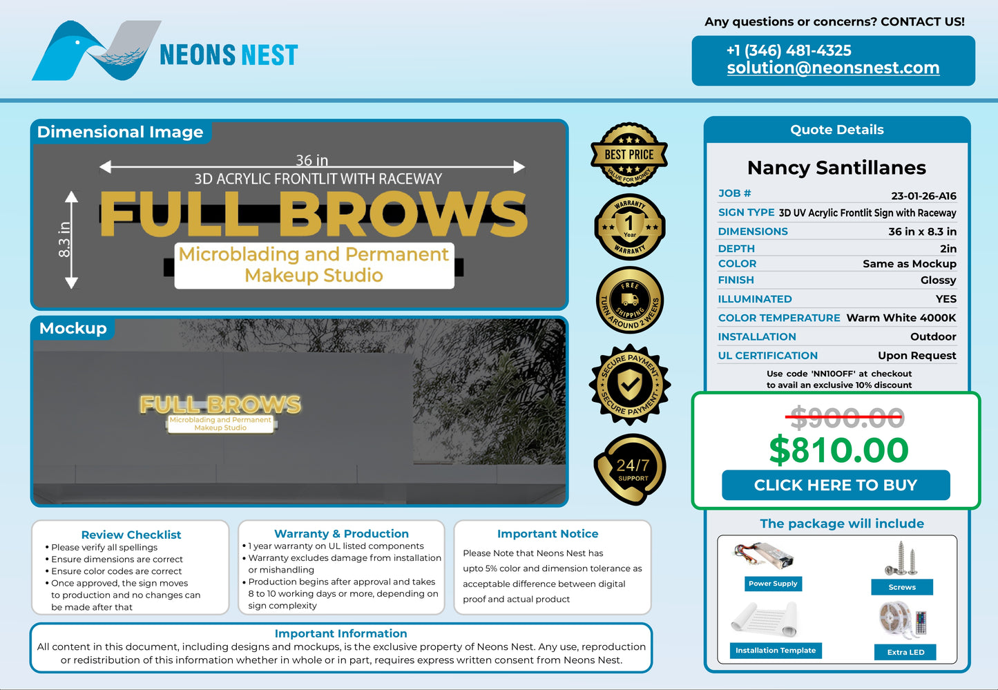 Full Brows- Microblading and Permanent Makeup Studio 3D Front-lit Sign
