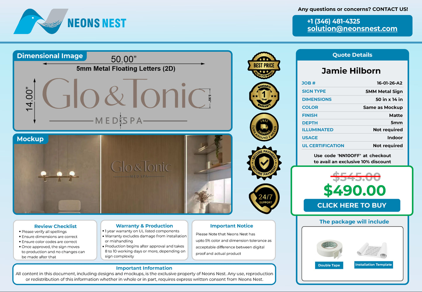 GLO & TONIC Med spa 5mm Metal Sign