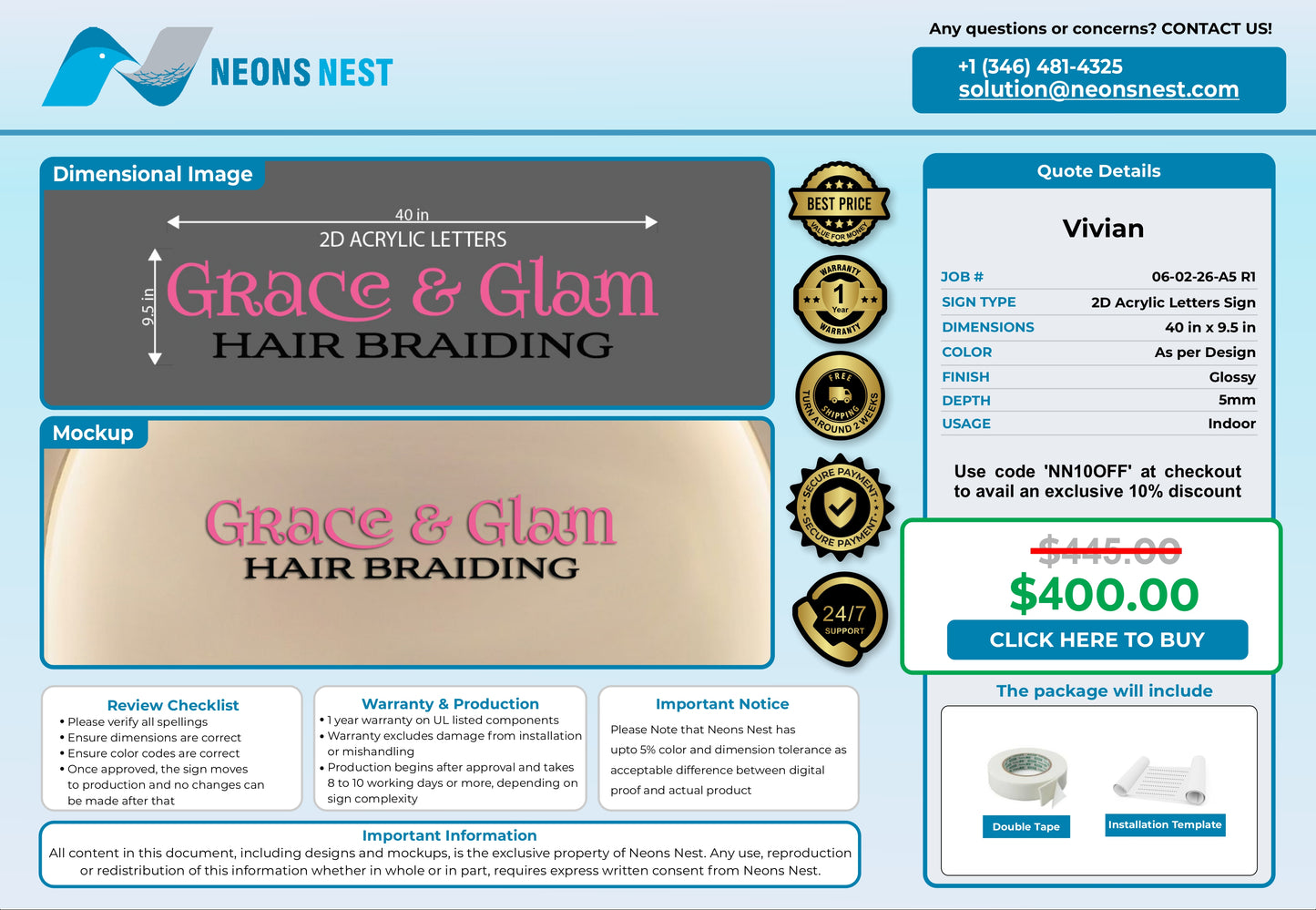 Grace and Glam Hair Braiding 2D Acrylic Letters