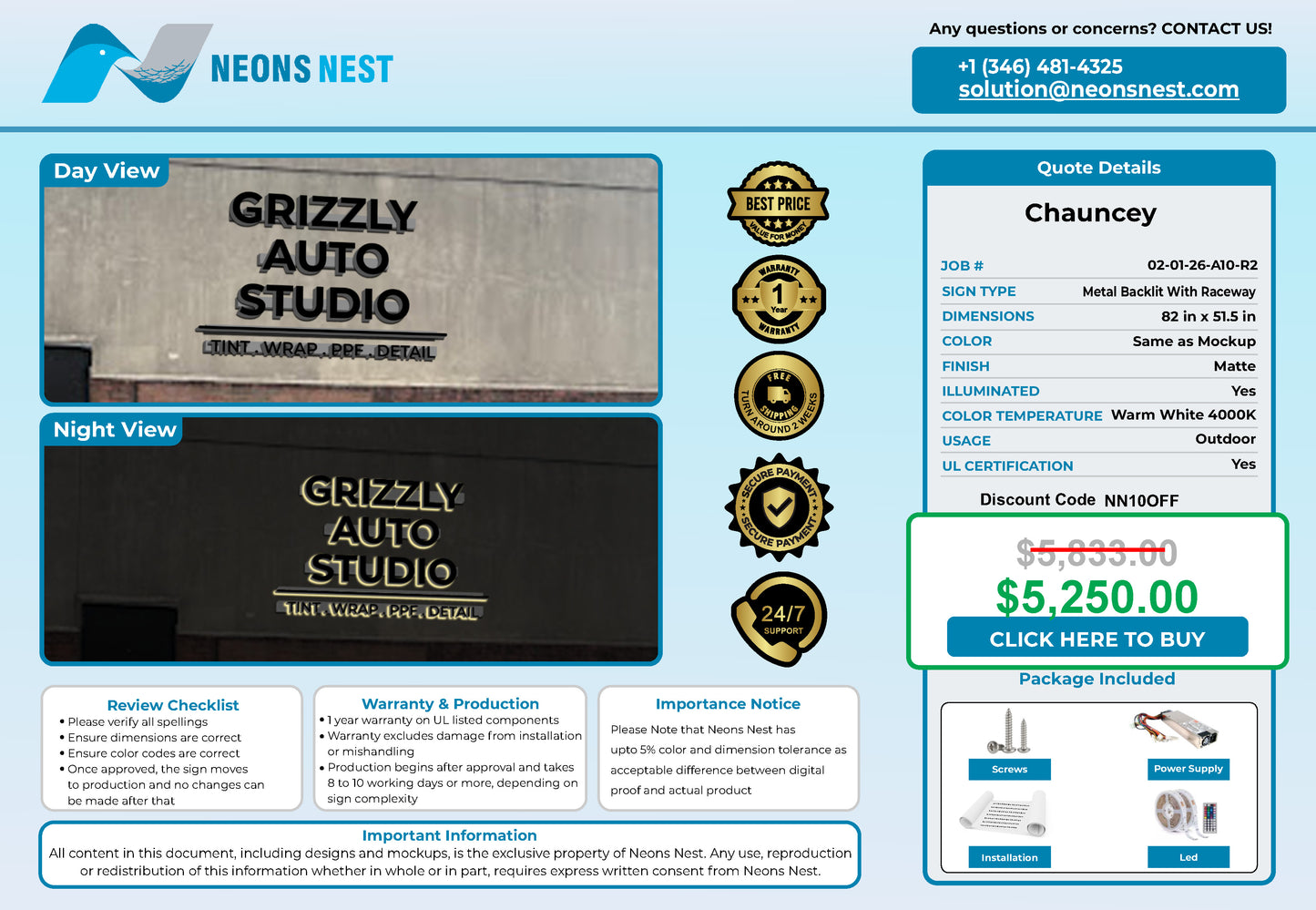 Grizzly Auto Studio 3D Metal Backlit Sign - Neonsnest.com