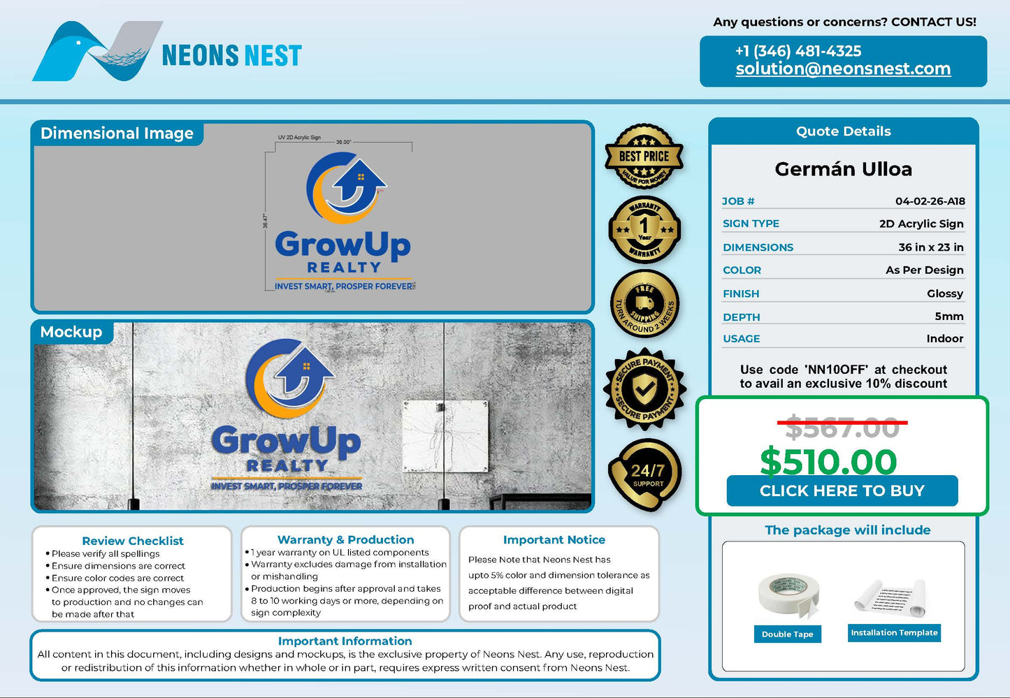GrowUp Realty 2D Acrylic Sign