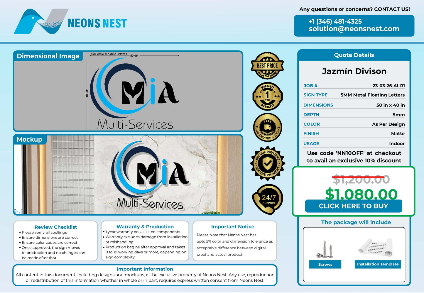 Mia Multi Services 5mm Metal Sign - Neonsnest.com
