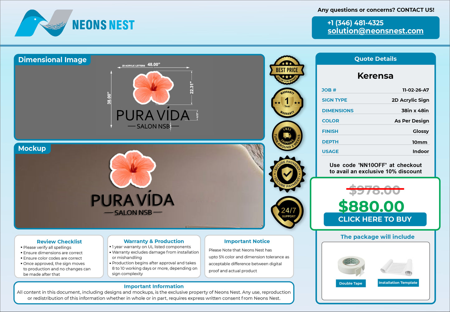 Pura Vida Salon NSB 2D Acrylic Sign