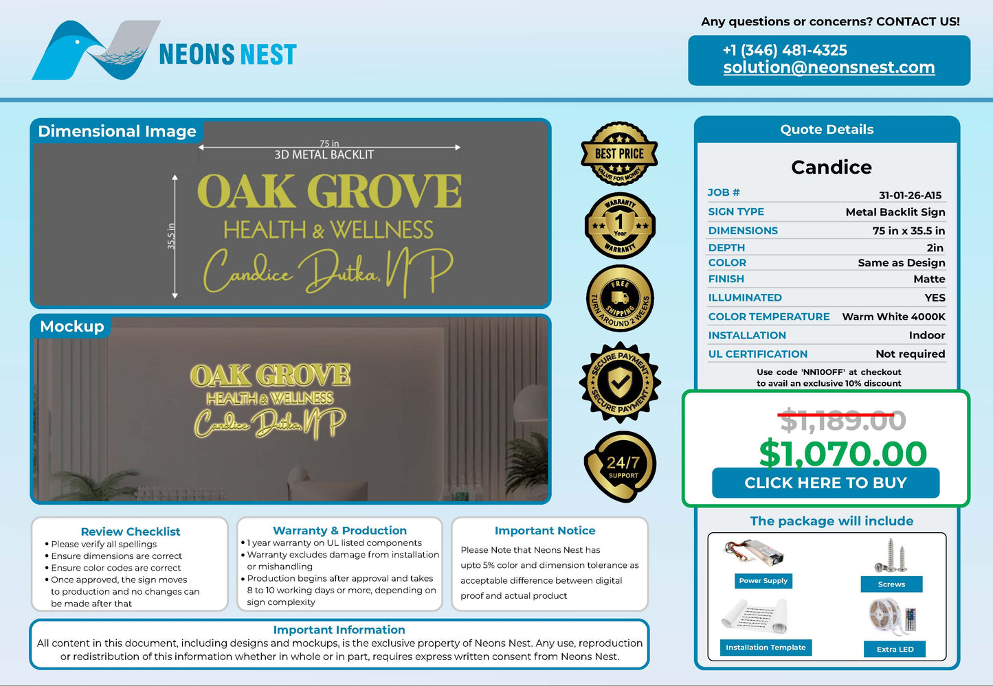 Oak Grove Health and Wellness 3D Metal Backlit Sign