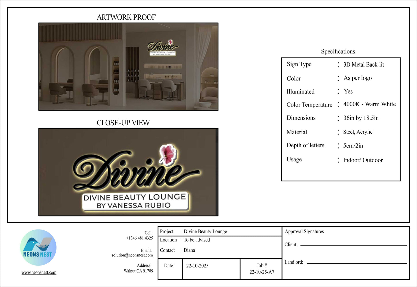 Divine Beauty Lounge 3D Metal Backlit Sign