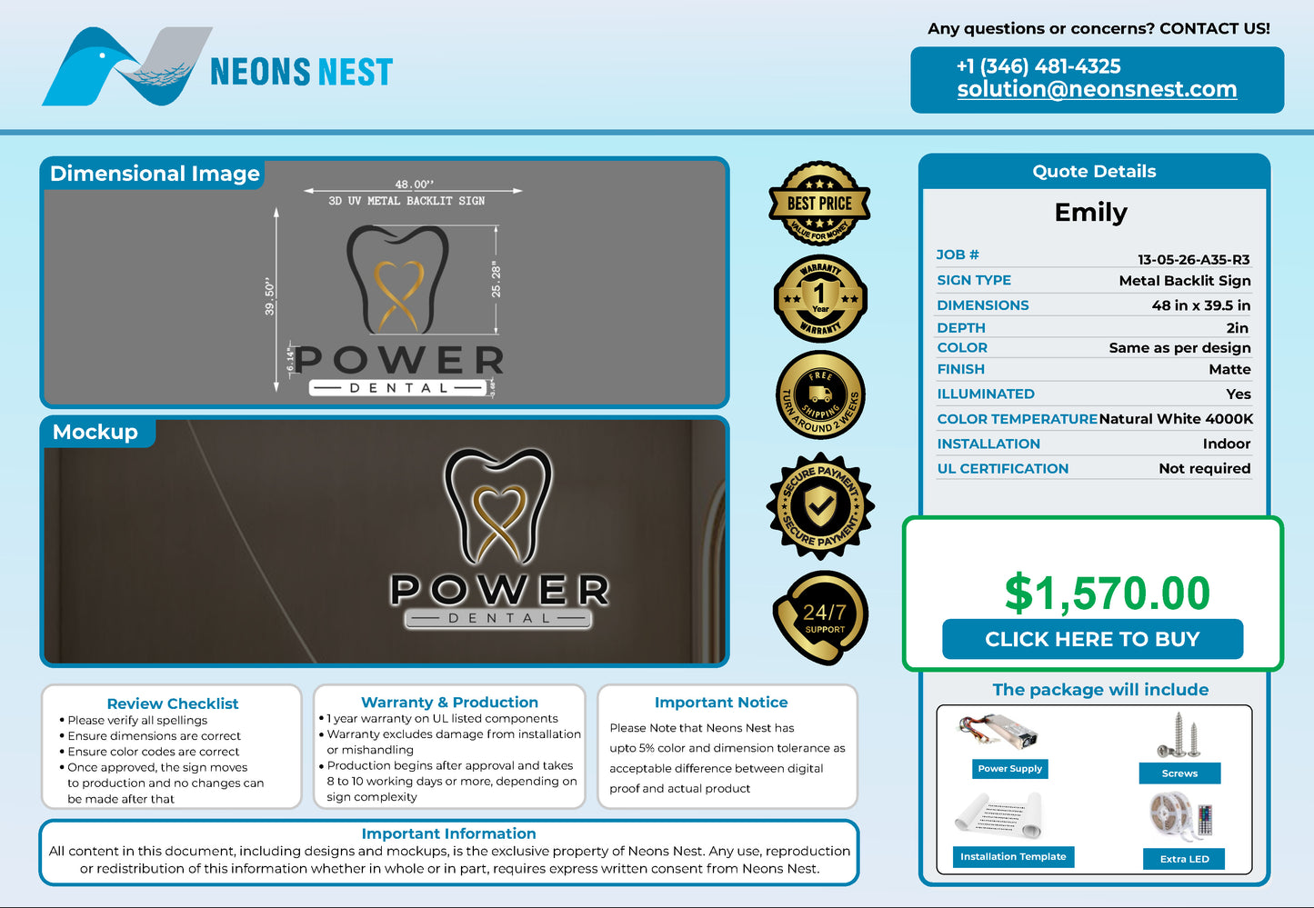 Power Dental 3D UV Metal Backlit Sign - Neonsnest.com