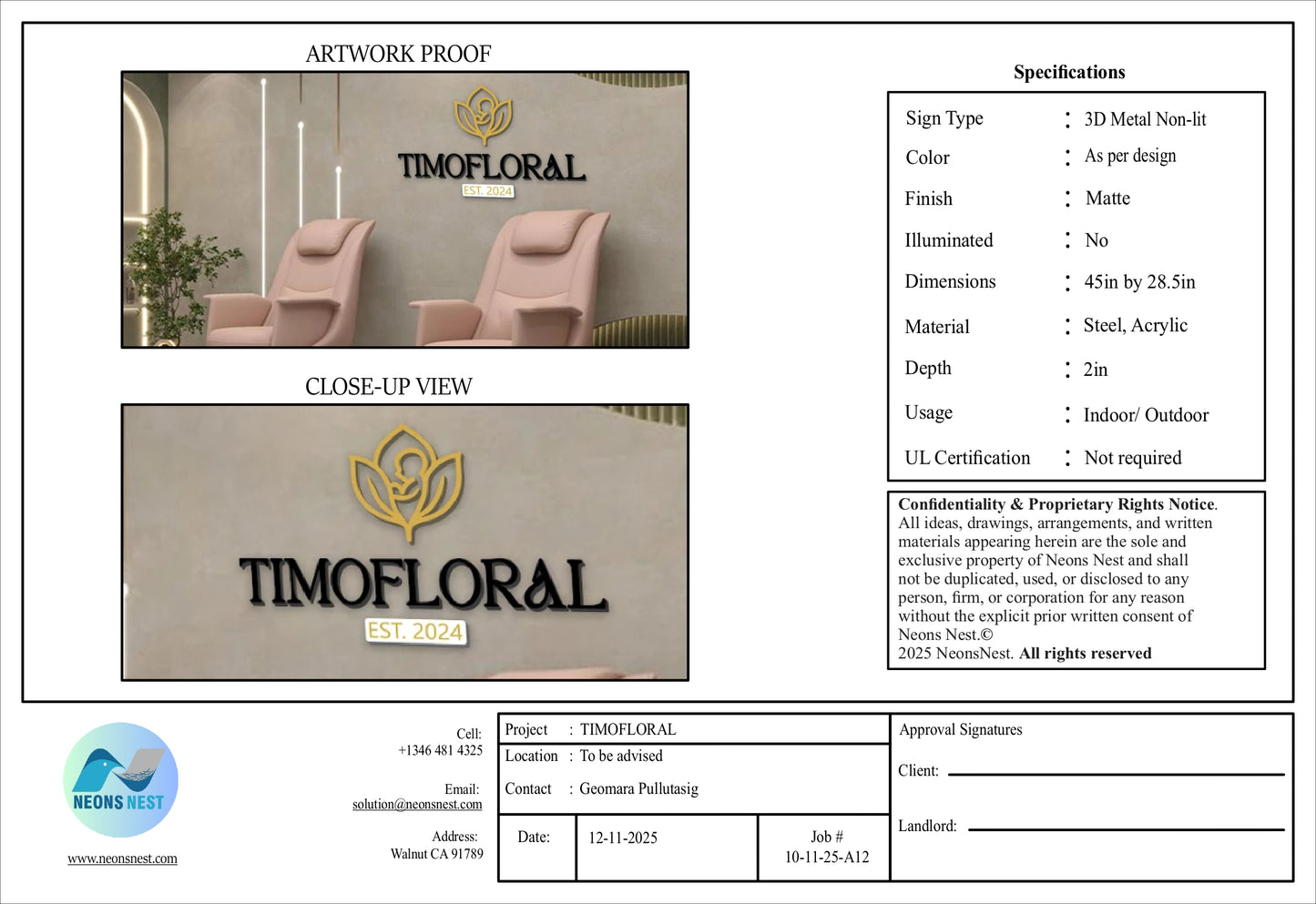 TIMOFLORAL 3D Metal Non-lit Sign