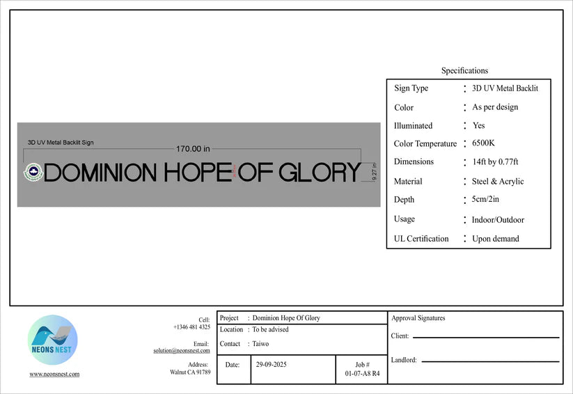 Dominion Hope Of Glory 3D Backlit Sign