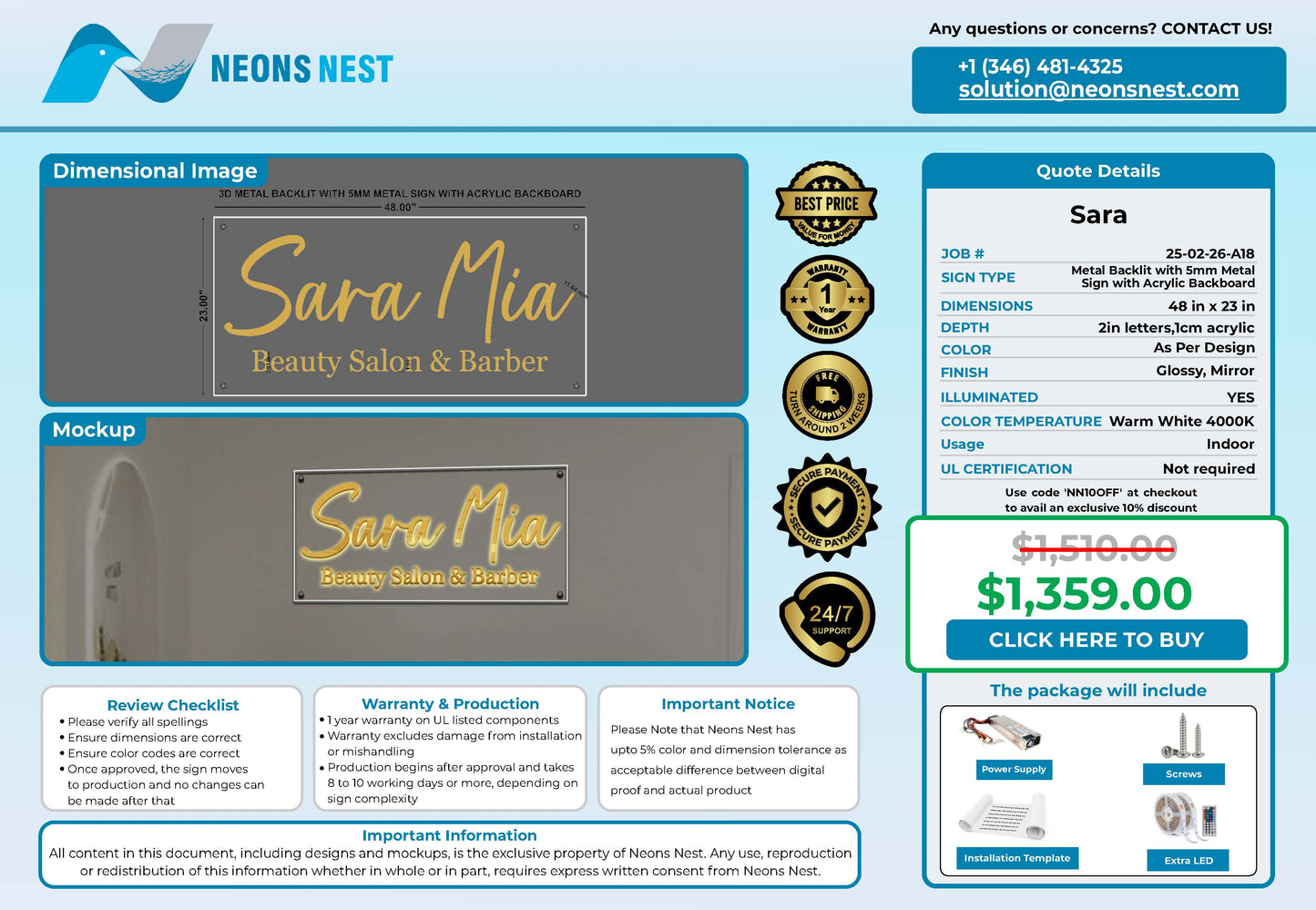 Sara Mia 3D Metal Backlit Sign - Neonsnest.com