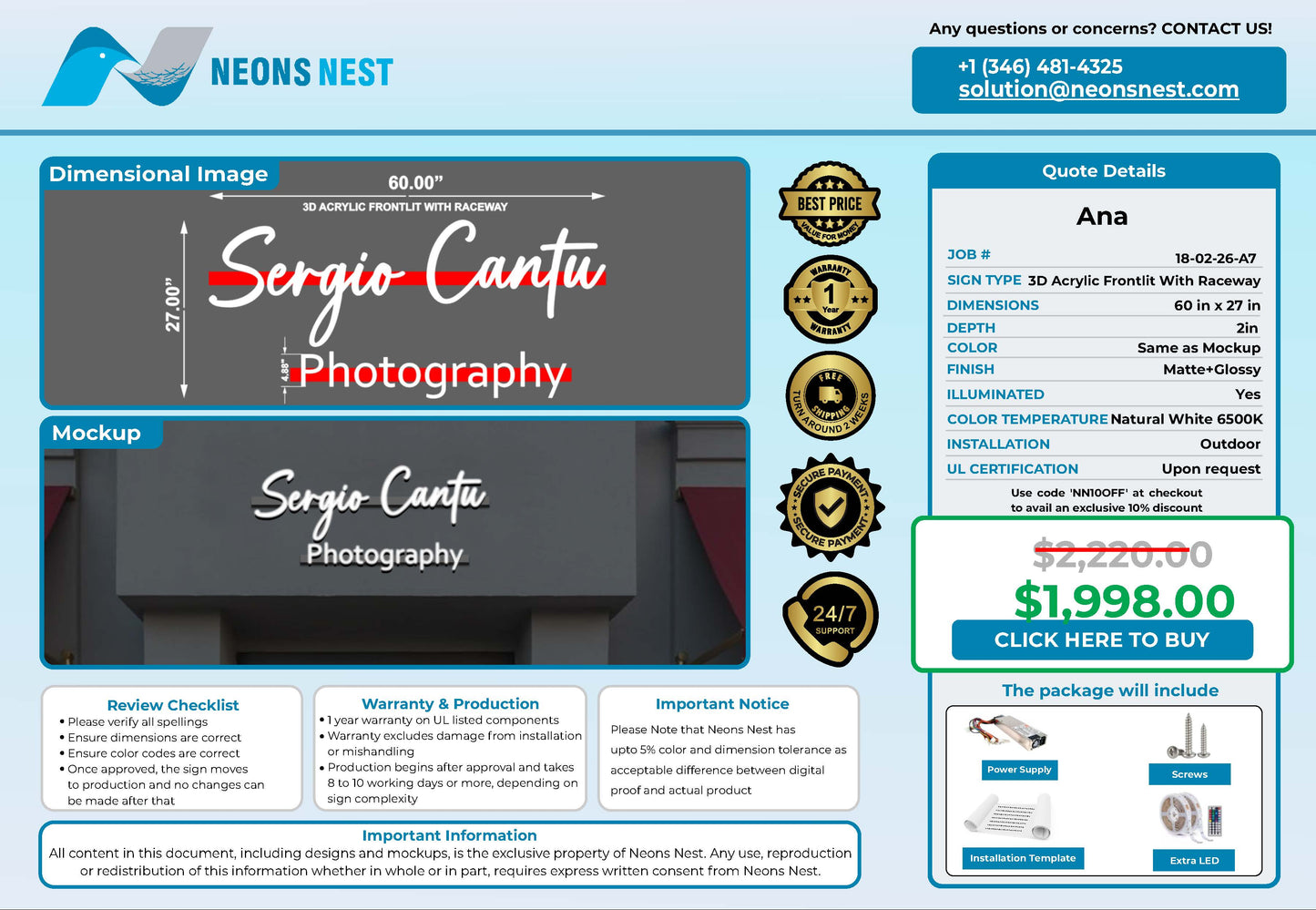 Sergio 3D Acrylic Frontlit Sign - Neonsnest.com