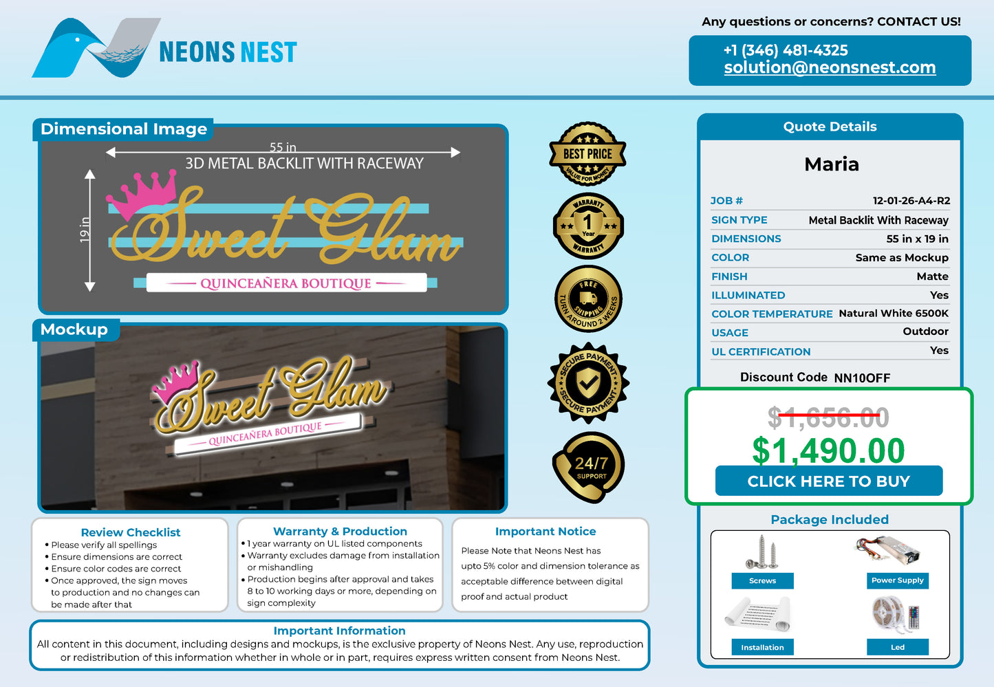 Sweet glam 3D Metal Backlit Sign Pink Edition