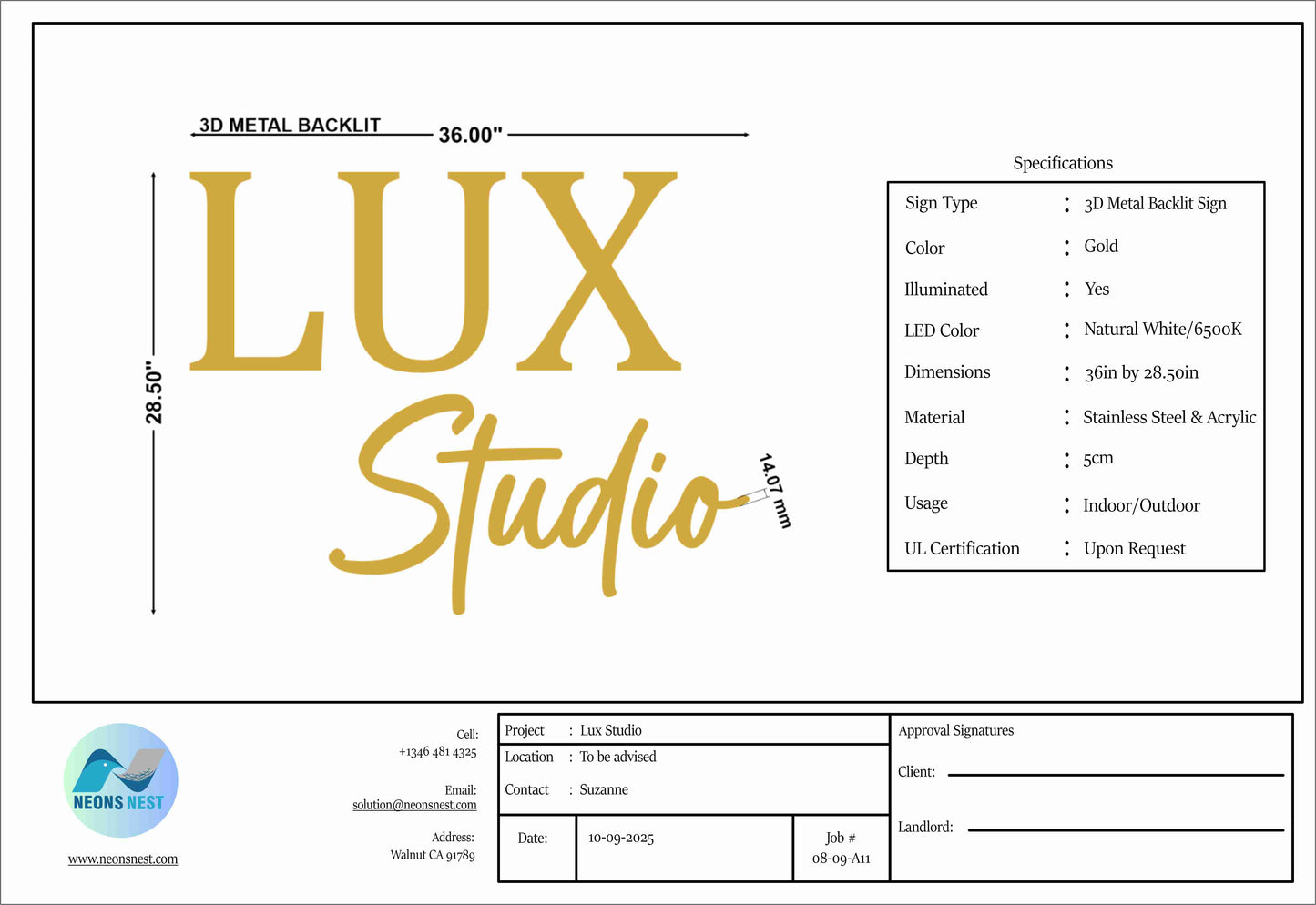 Lux Studio 3D Metal Backlit Sign