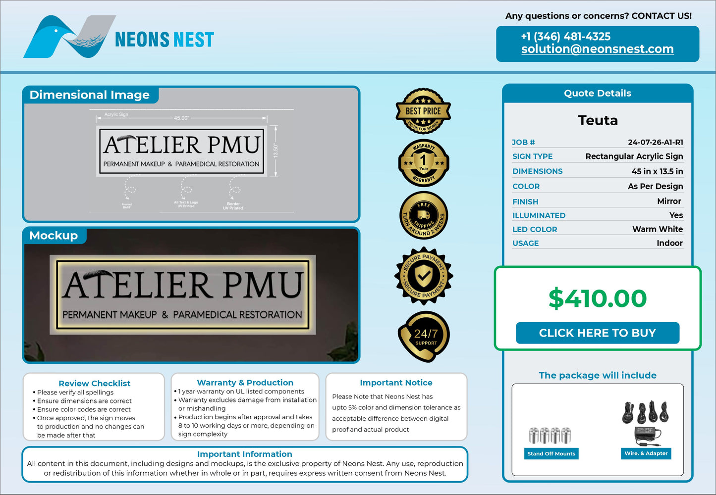 ATELIER PMU Acrylic LED Sign (Express Shipping)