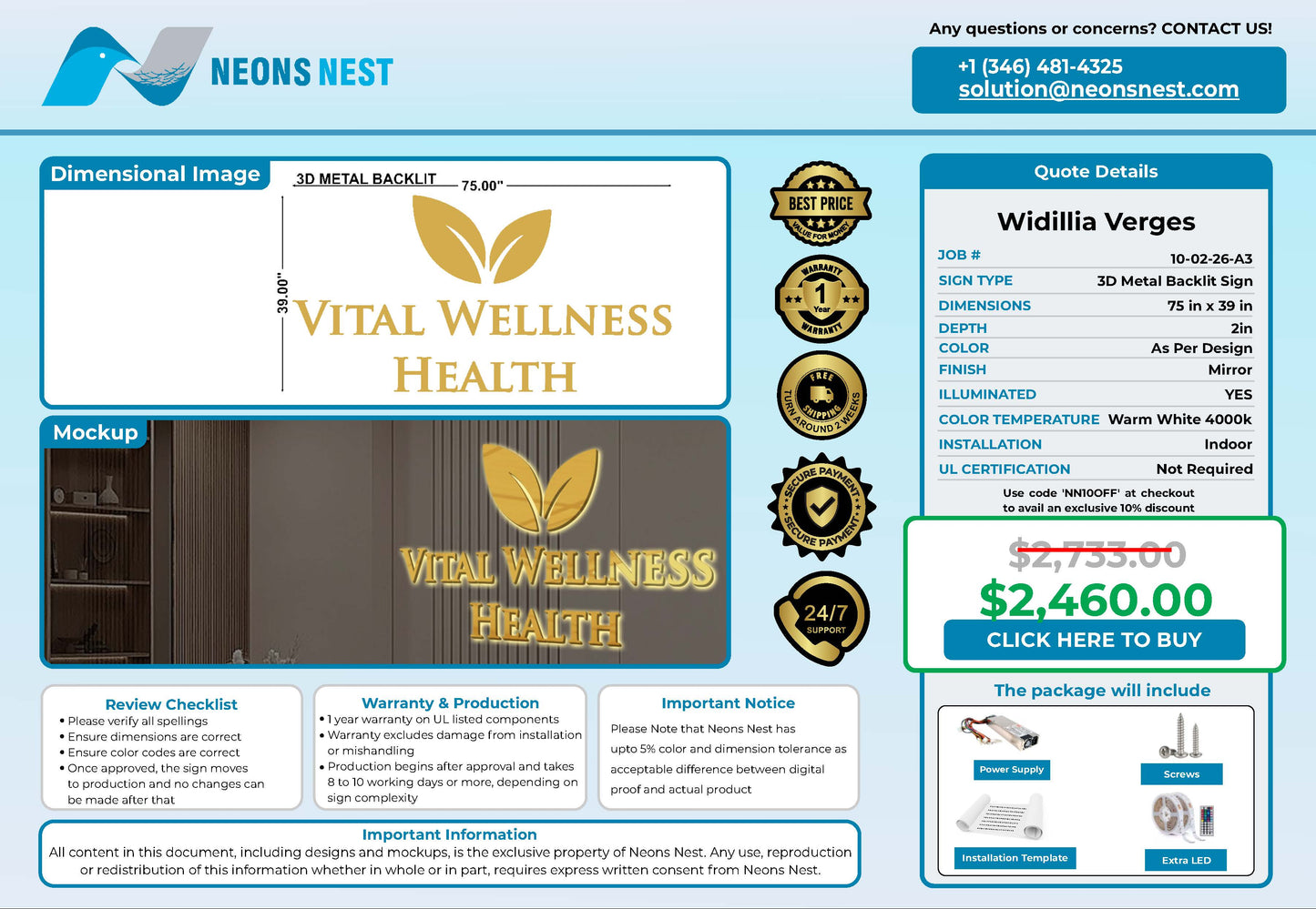 Vital Wellness Health 3D Metal Backlit Sign