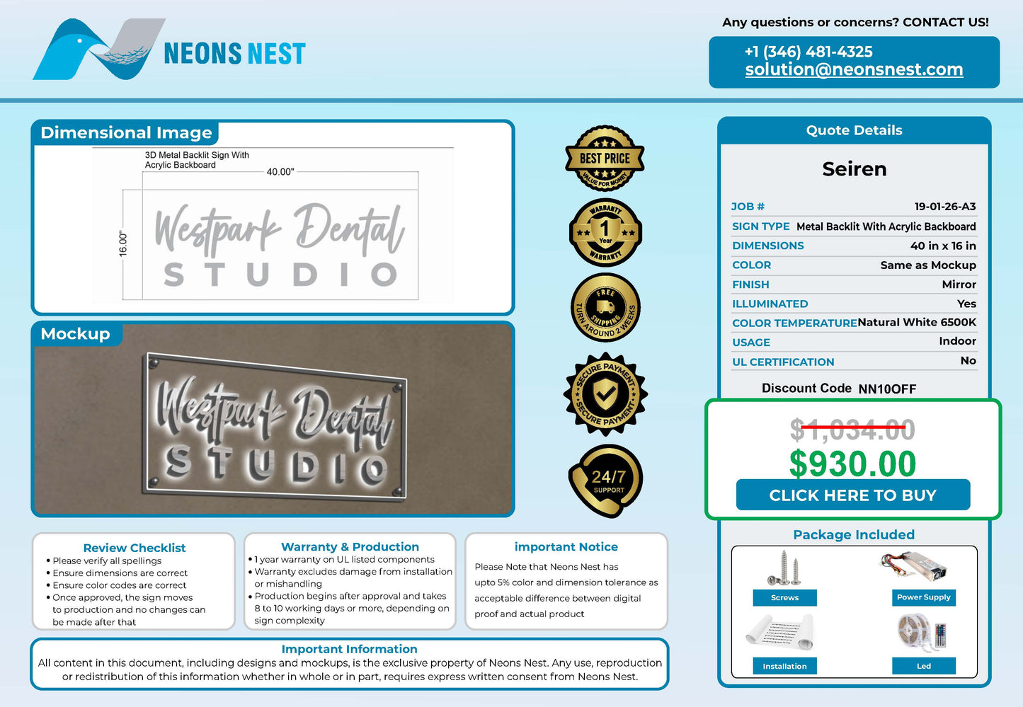 Westpark Dental Studio 3D Metal Backlit Sign