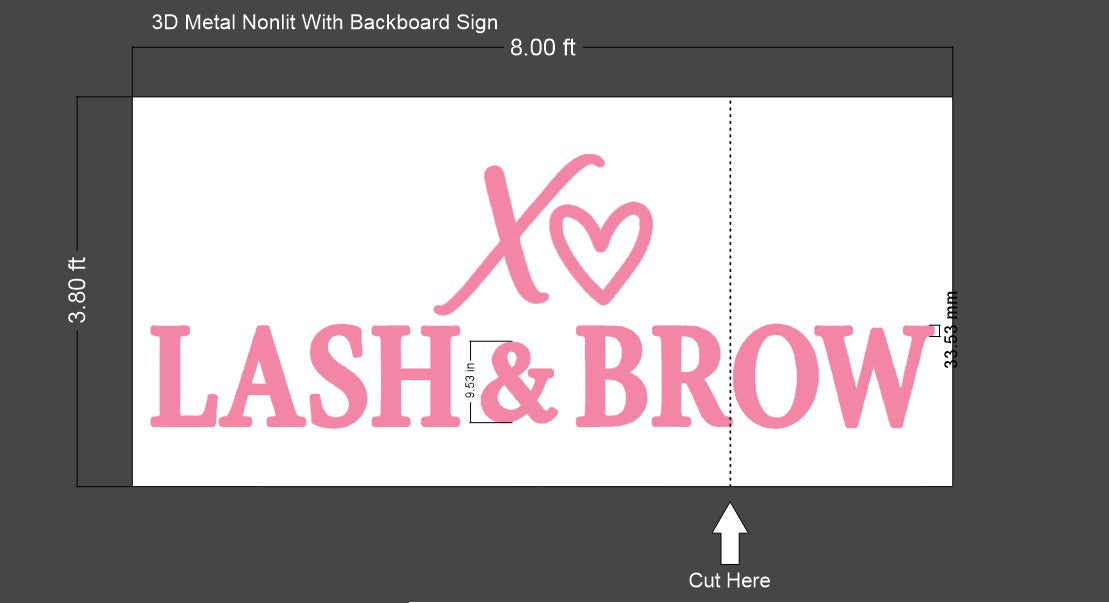 XO Lash & Brows 3D Metal Nonlit with Backboard Sign