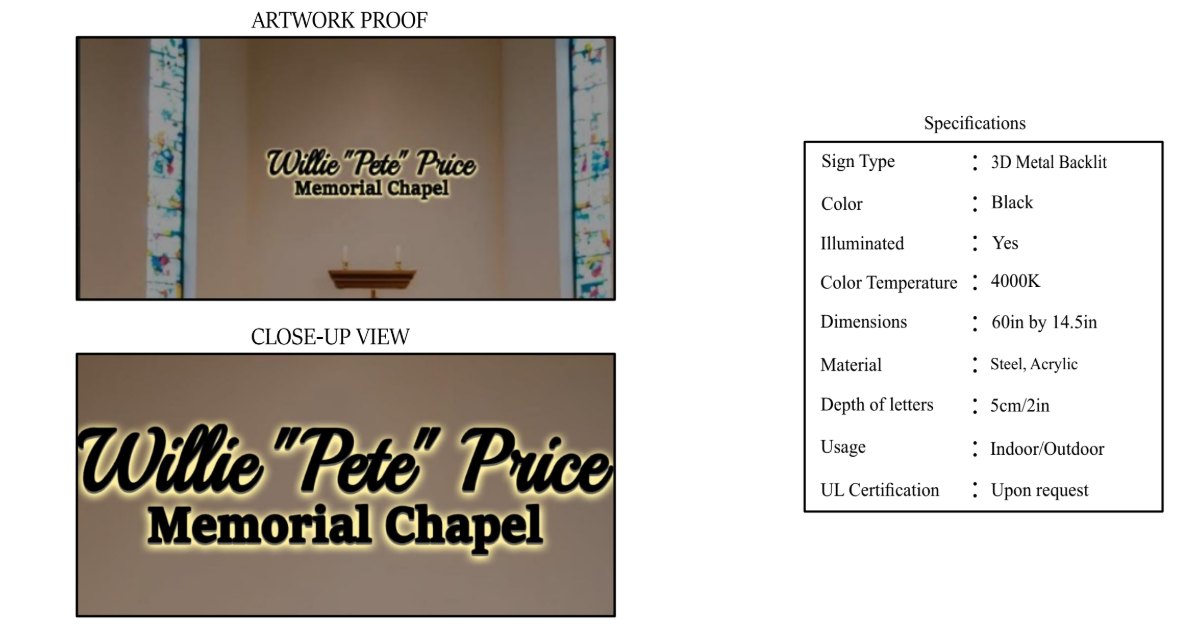 Willie Pete Price Memorial Chapel Metal Backlit Sign