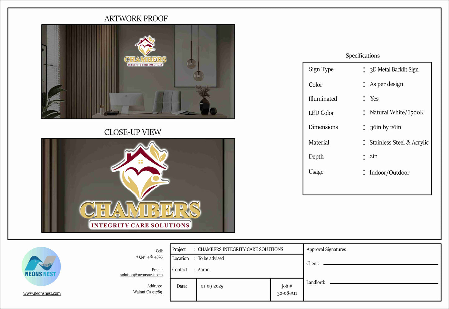 3D Metal Backlit Sign for CHAMBERS INTEGRITY CARE SOLUTIONS