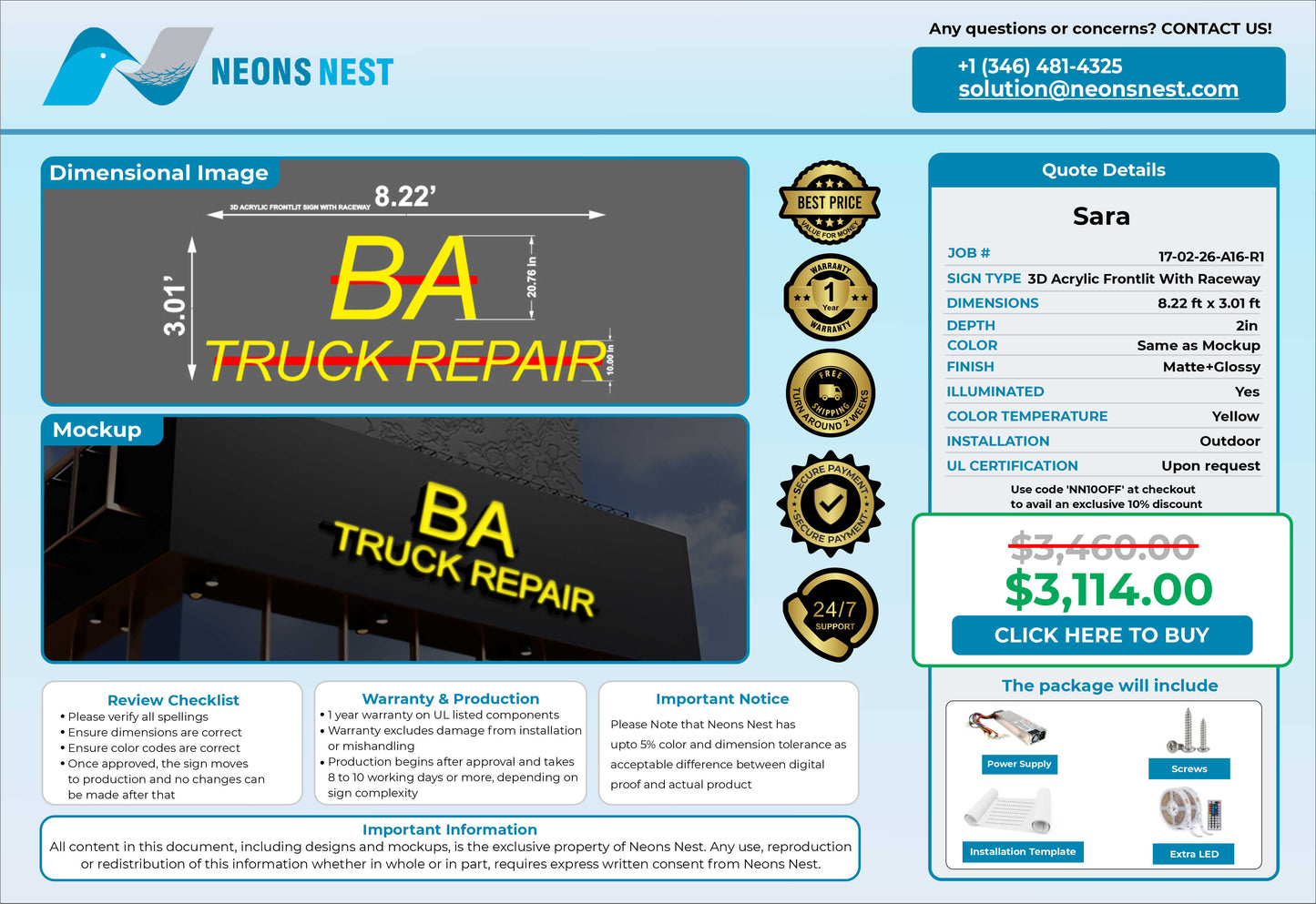 BA Truck Repair 3D Front Lit Sign