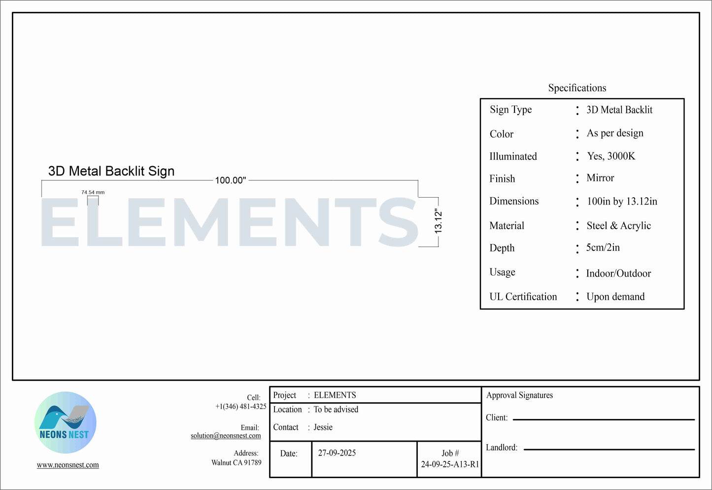 ELEMENTS 3d Metal Backlit Sign