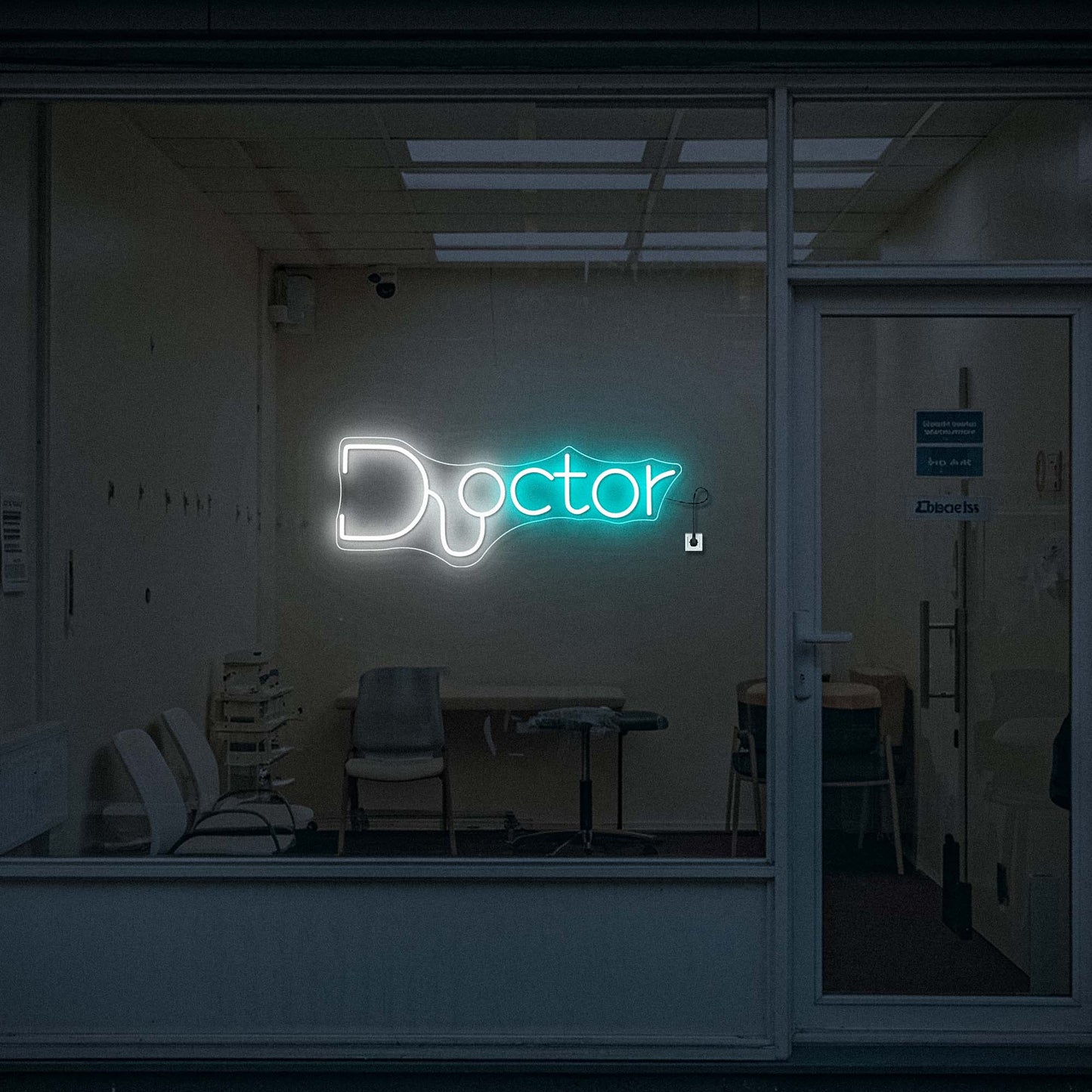 Physician-themed neon sign in a doctor’s clinic room