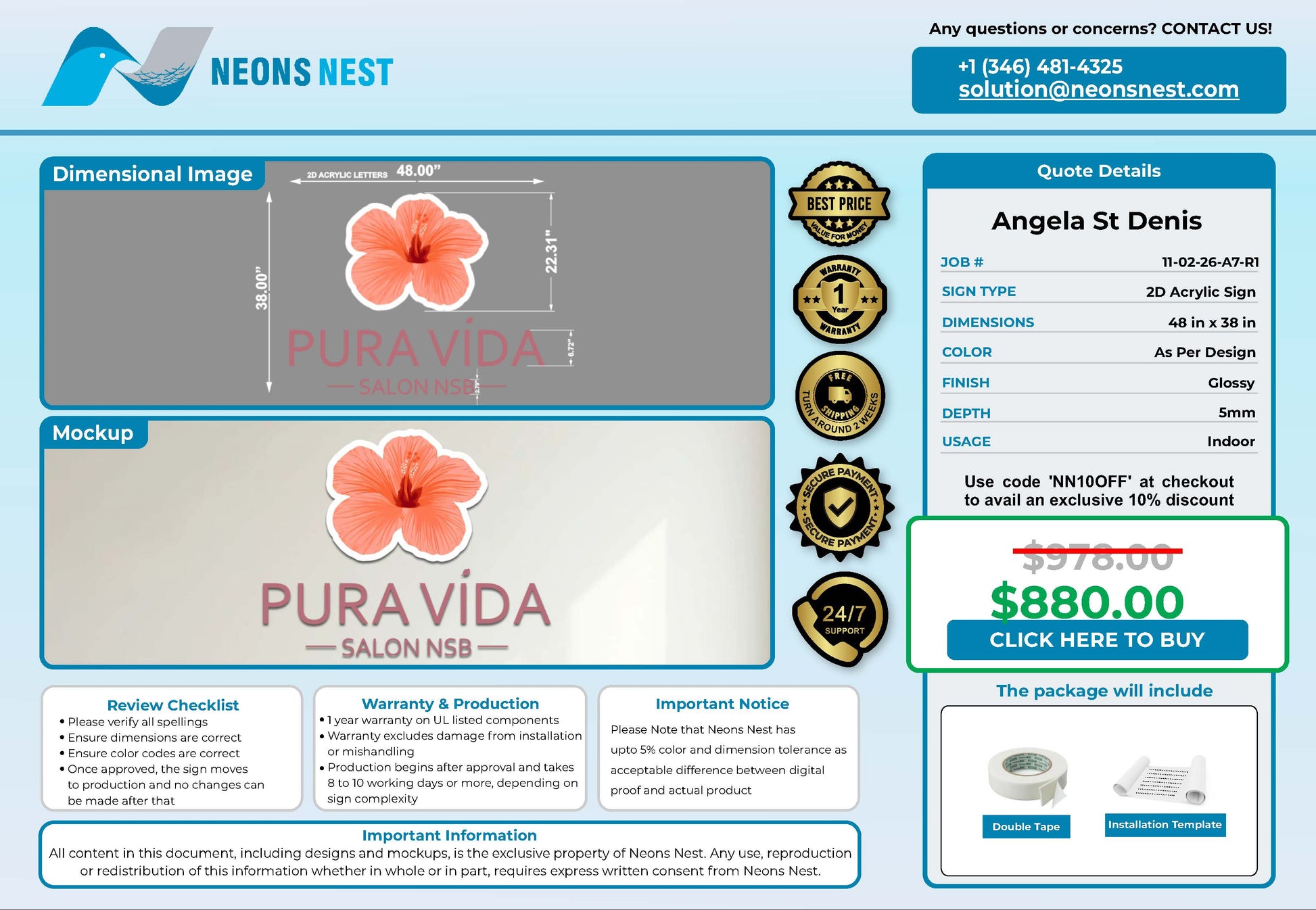 Pura Vida Salon NSB 2D Acrylic Sign - Neonsnest.com