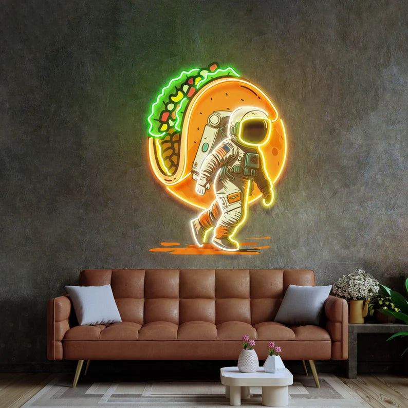 Astronaut Delivering Burger UV Neon Sign