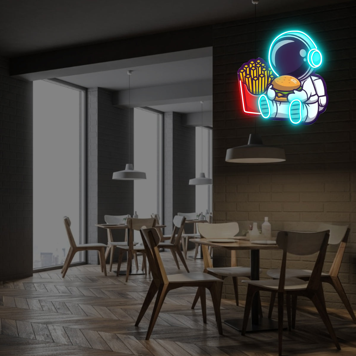 Astronaut Eating Fries & Burger UV Neon Sign