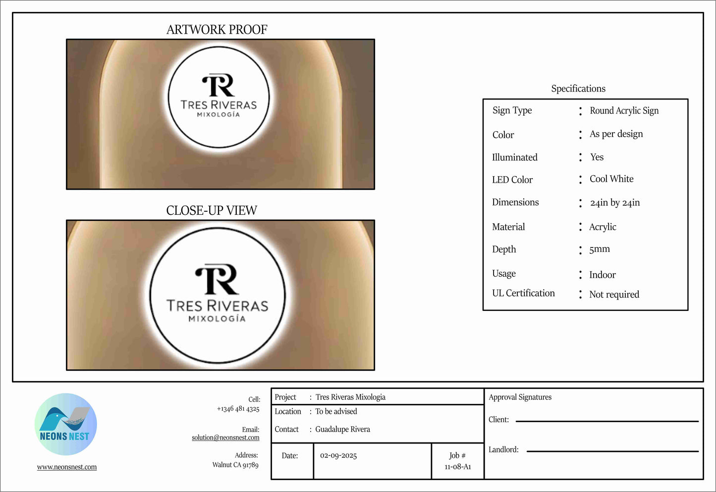 Round Acrylic Sign for Tres Riveras - Neonsnest.com