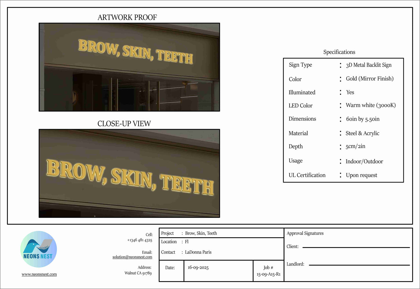 3D Backlit Sign for Brow, Skin, Teeth