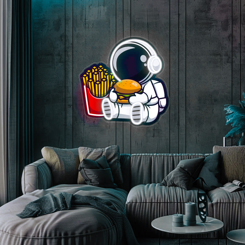 Astronaut Eating Fries & Burger UV Neon Sign