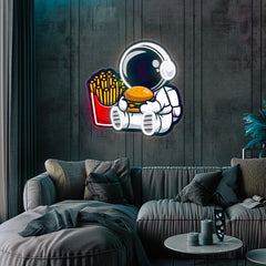 Astronaut Eating Fries & Burger UV Neon Sign