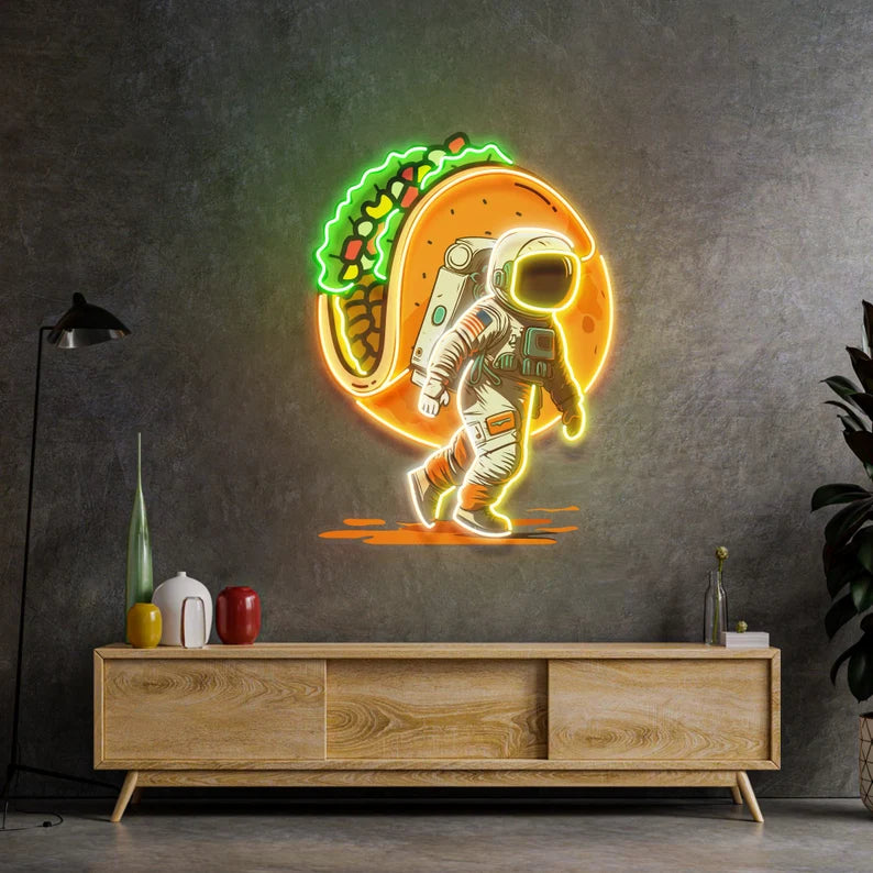 Astronaut Delivering Burger UV Neon Sign