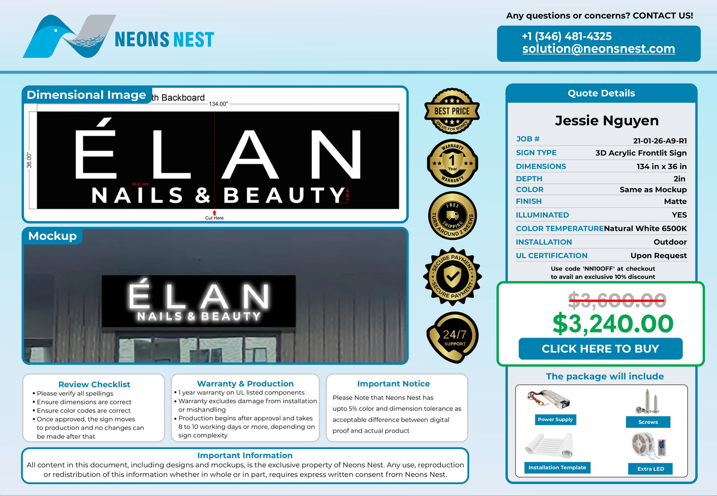Elan Nails and Beauty Front lit sign with backboard