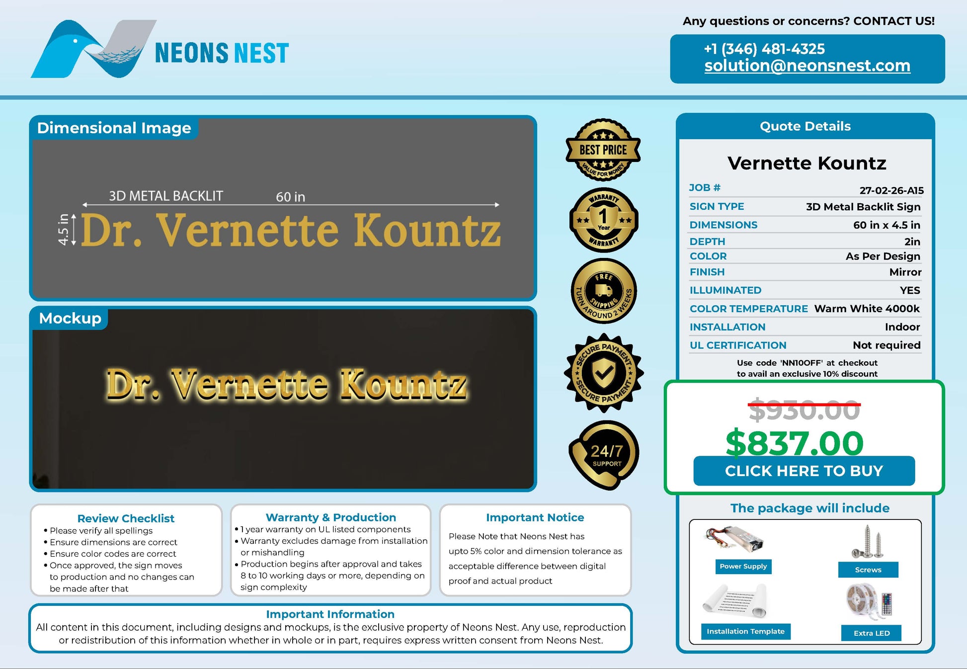 Dr. Vernette Kountz 3D Metal Backlit Sign - Neonsnest.com