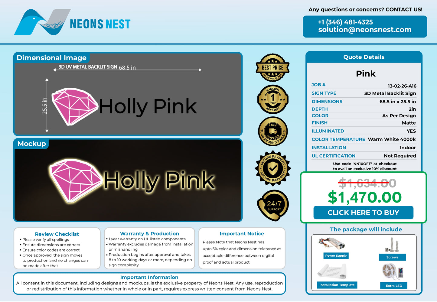 Holly Pink Professional 3D Metal Back-Lit