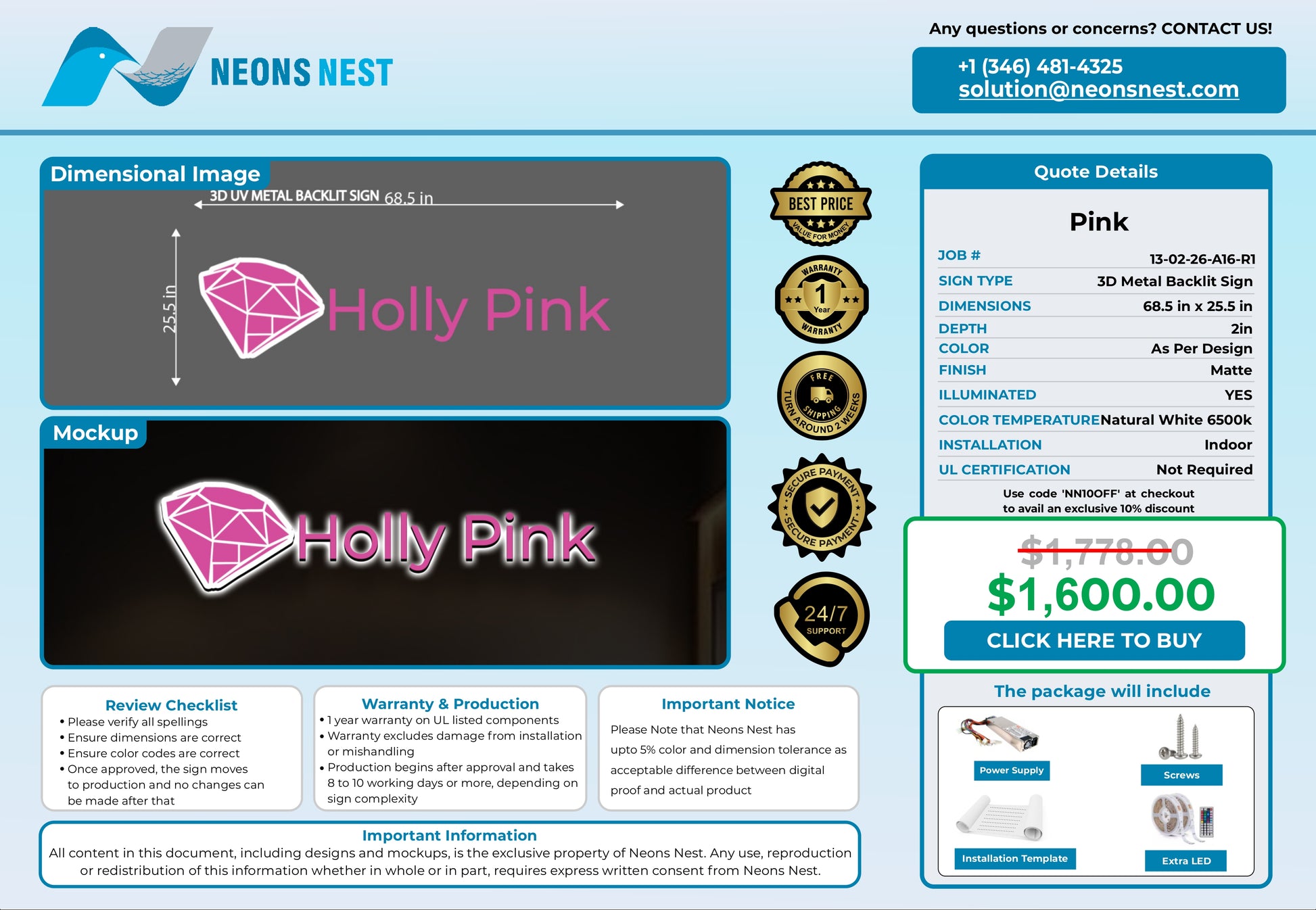 Holly Pink Professional 3D Metal Back-Lit - Neonsnest.com