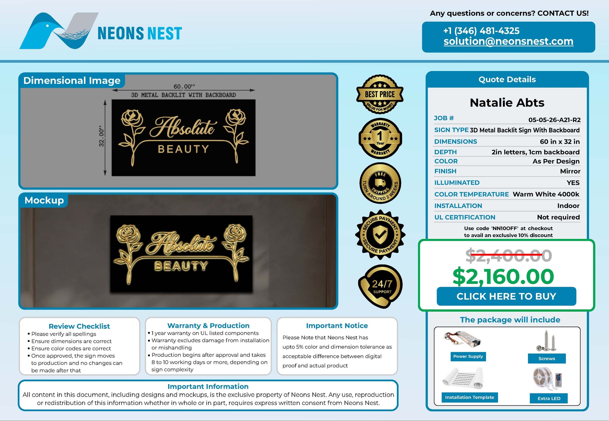 Absolute Beauty 3D Metal Backlit with Backboard - Neonsnest.com
